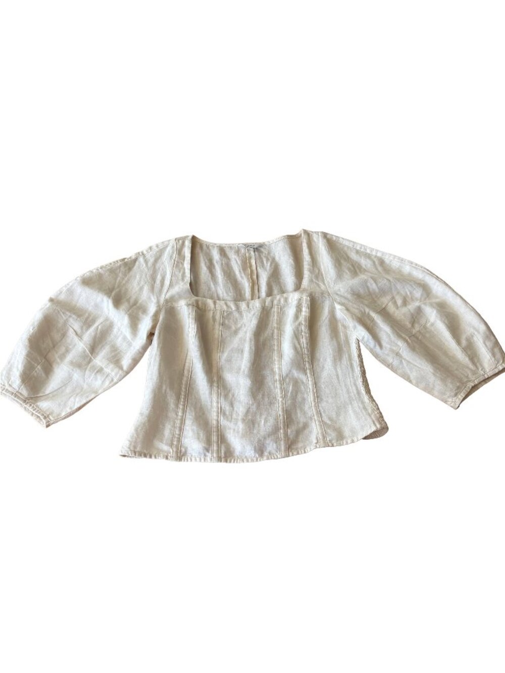 White Creme Banana Republic Linen-Blend Seamed Top Square Neck Smocked Balloon - Picture 3 of 16